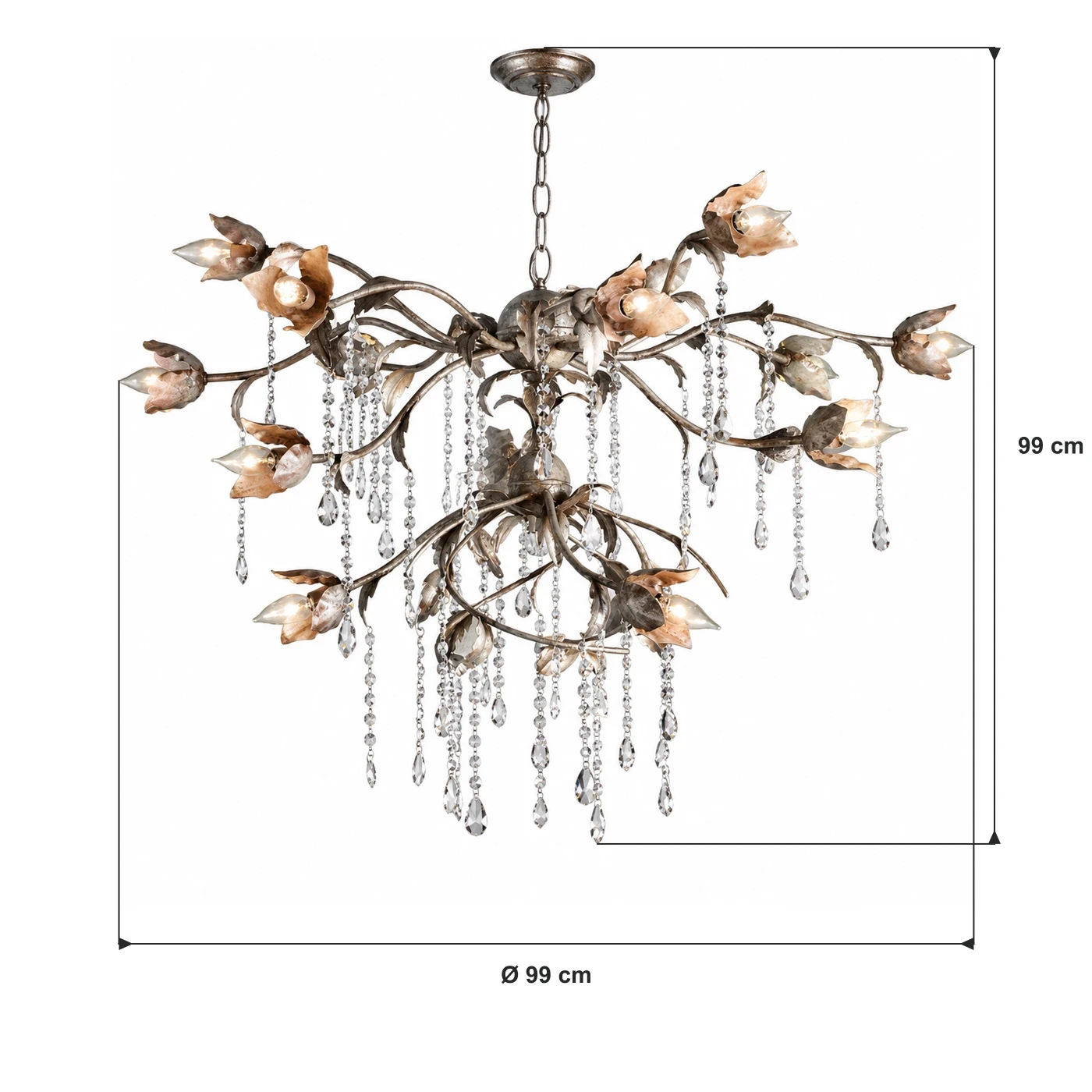 Verified dimensions for the distressed silver finish: 99 cm diameter, 68 cm depth, 99 cm height