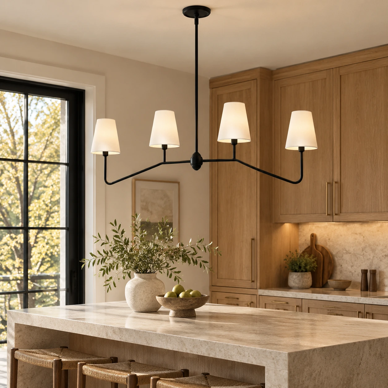 Four-light linear chandelier White Shades scene