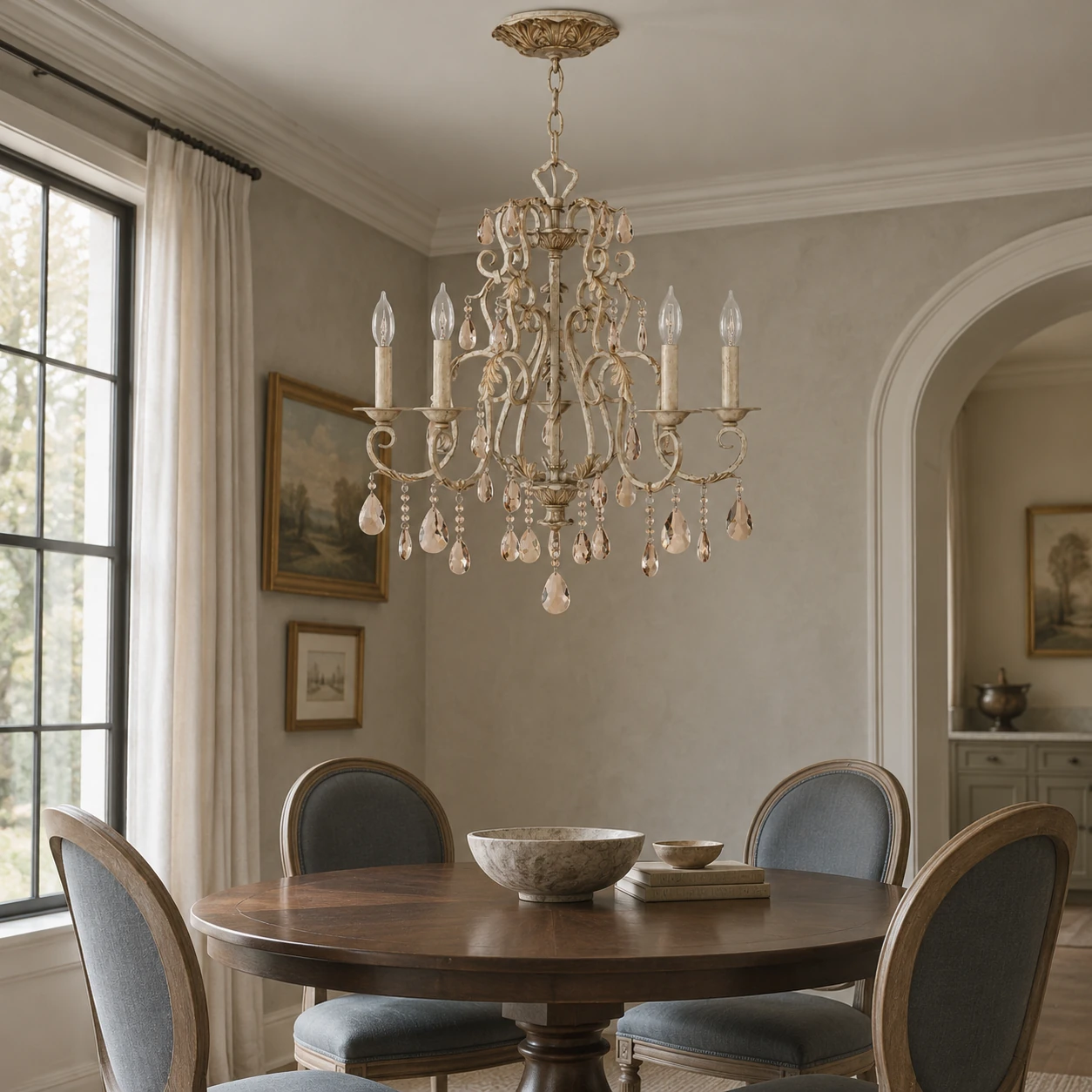Eliza vintage iron and crystal four-light chandelier in a traditional dining room