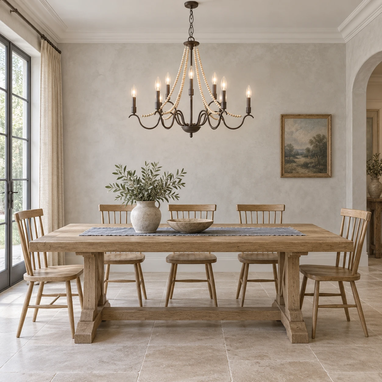 Nine-light wood bead chandelier above a French country dining table
