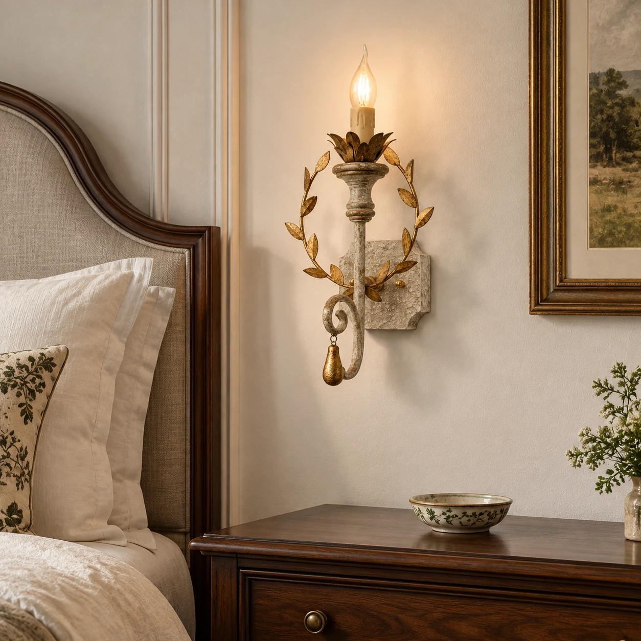 Nora rustic leaf-wreath wall sconce in a bedroom