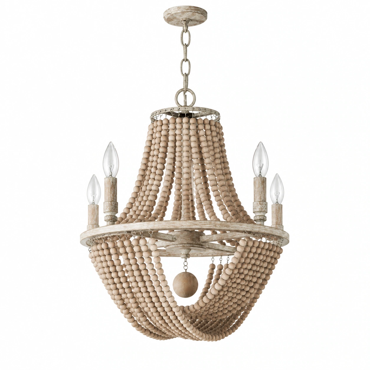 Elena four-light wood bead chandelier on a white background