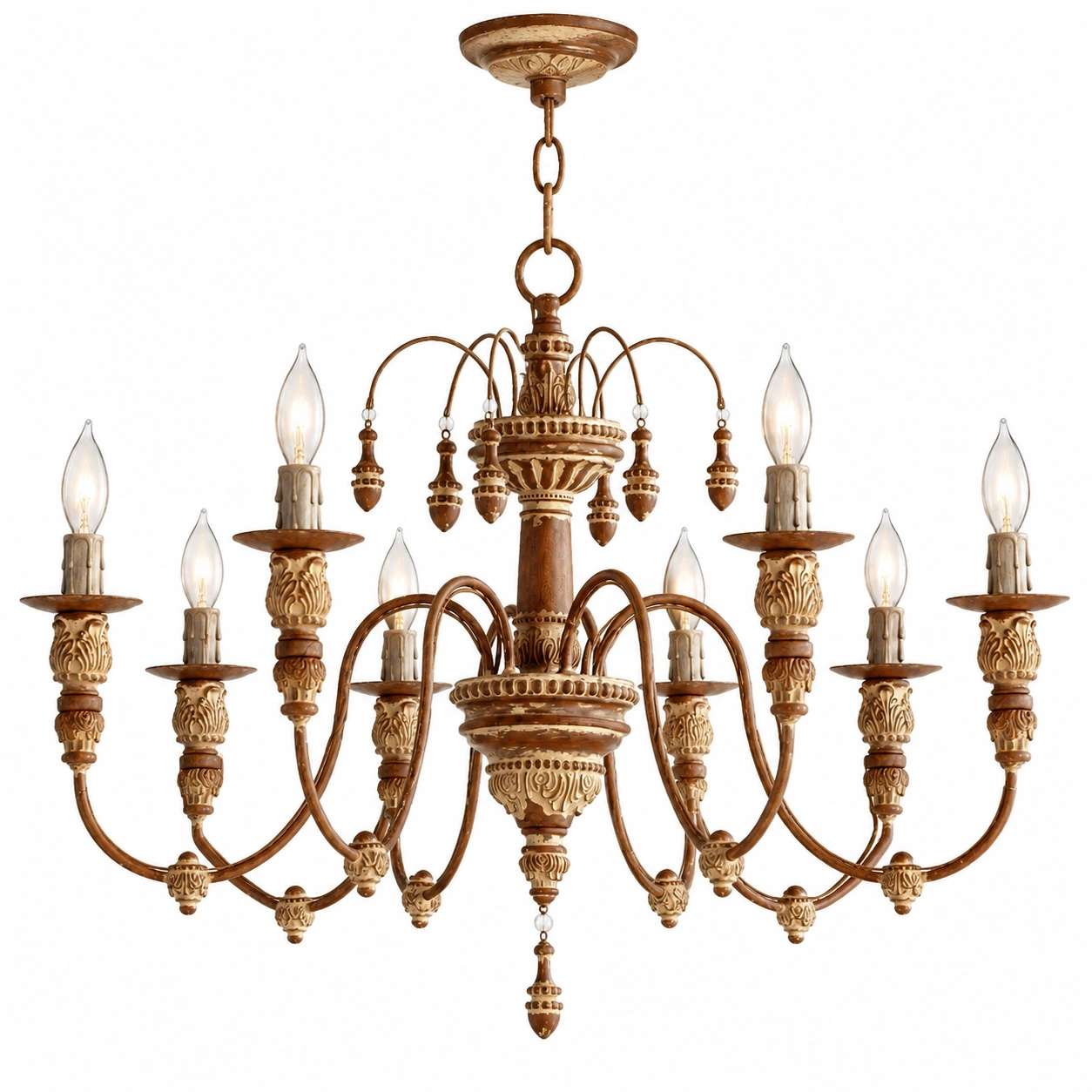 Maribel Rustic Carved Wood-Look Chandelier — 8-Light Antique Copper SKU identity