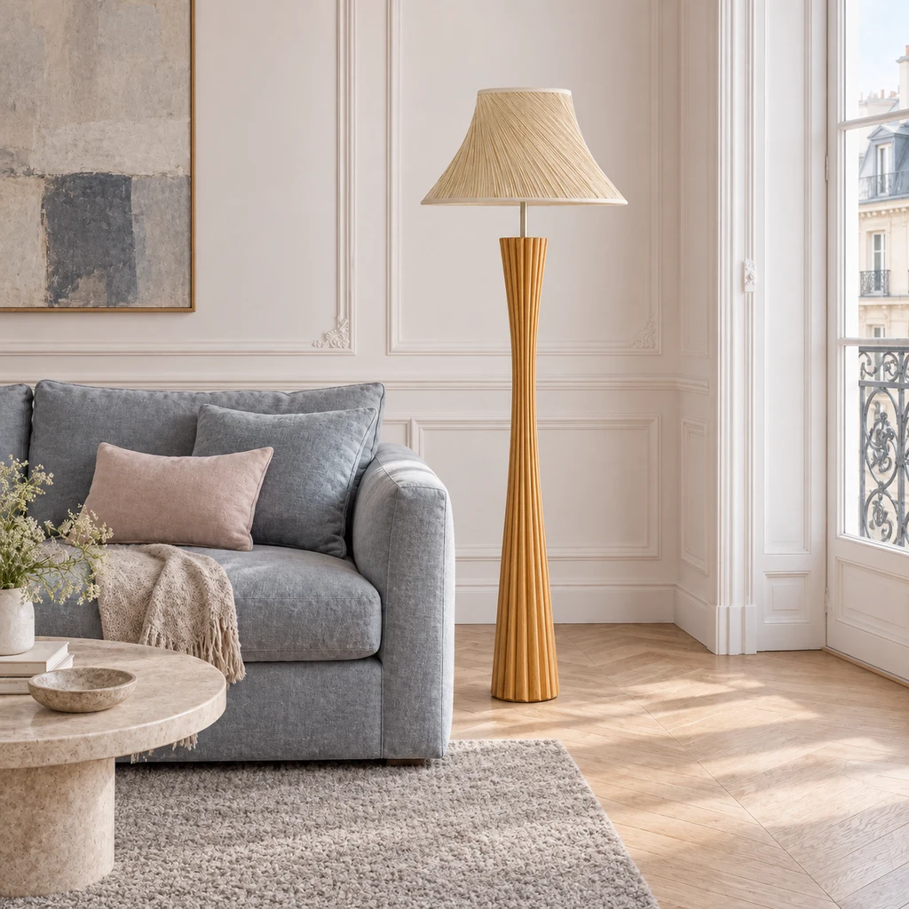 Elodie wooden floor lamp in a powder-blue French-country salon