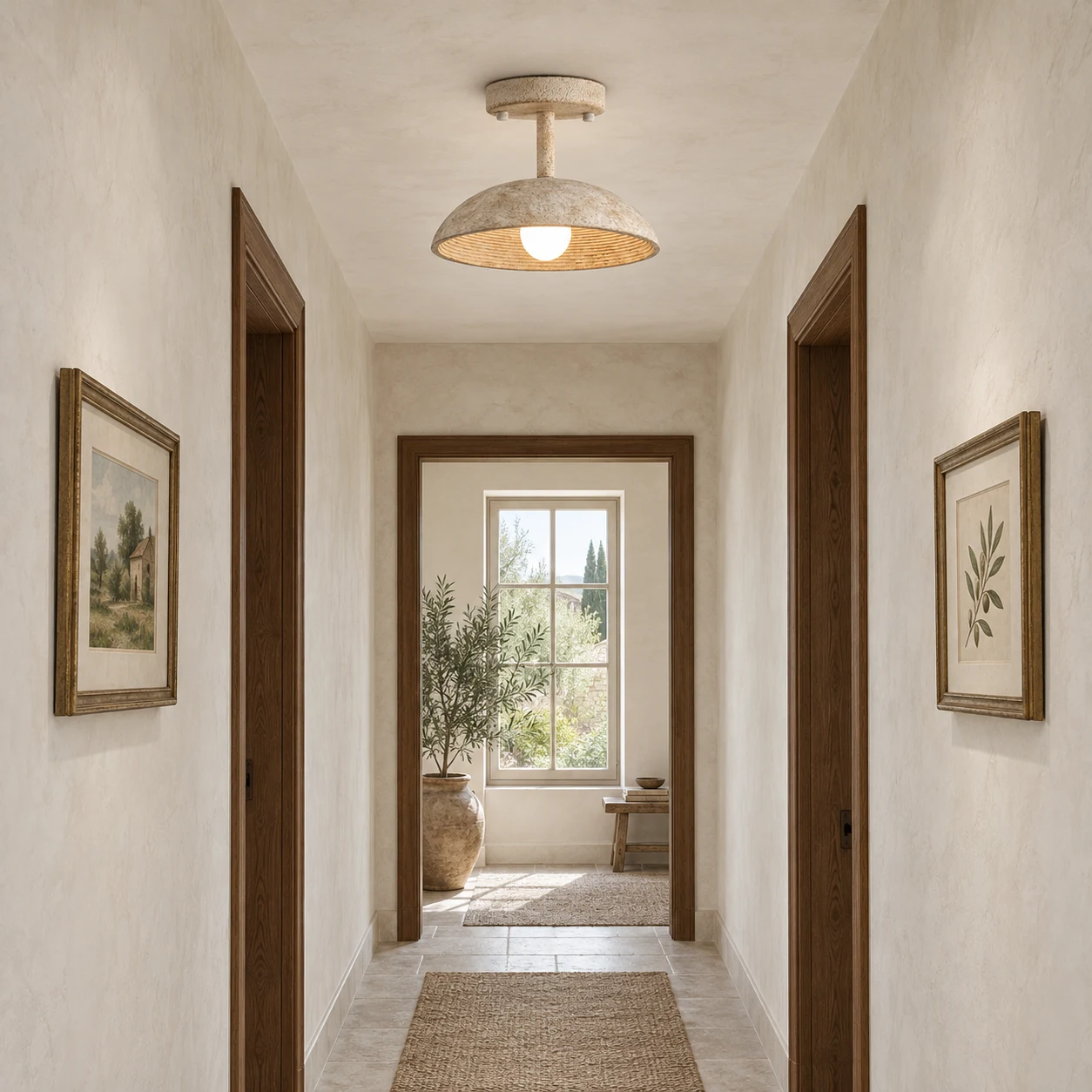 Clara vintage textured resin flush mount ceiling light in a gallery corridor