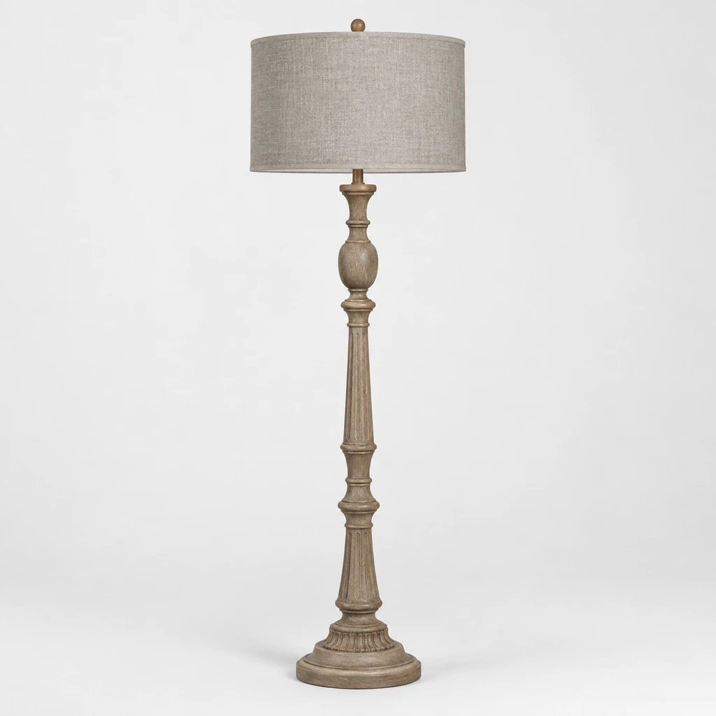 Merritt carved wood floor lamp switched off in a neutral studio