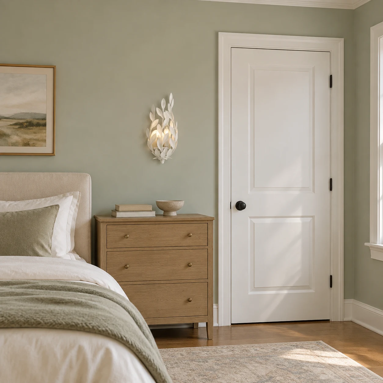 Elise white leaf wall sconce above a dresser in an ordinary American bedroom