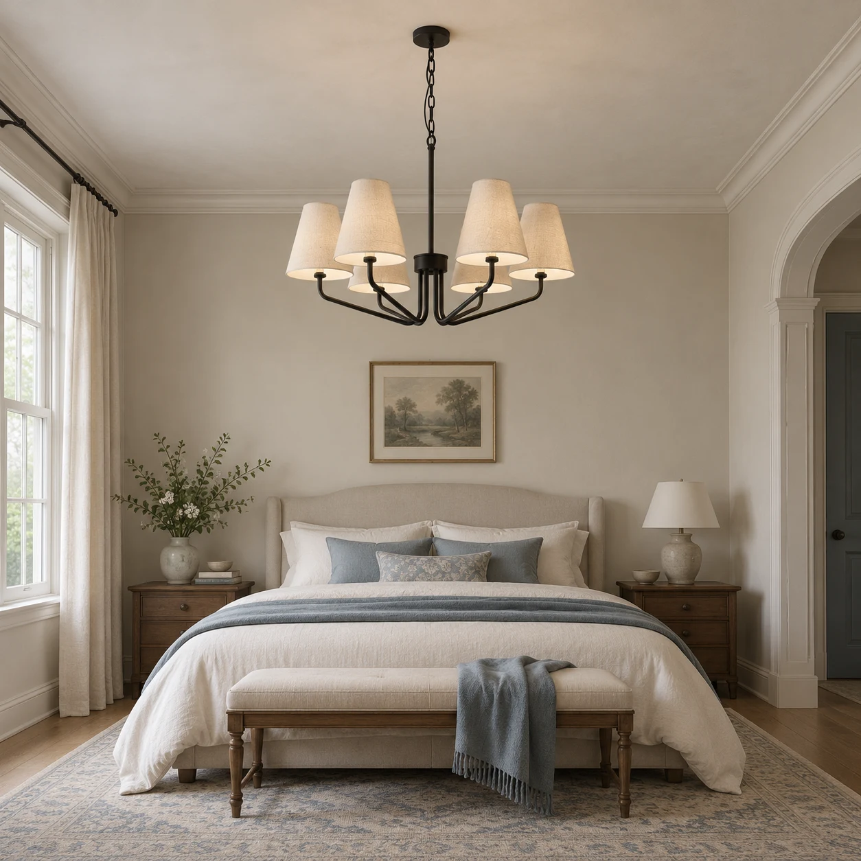 Lucia black iron branching fabric-shade chandelier in a calm bedroom