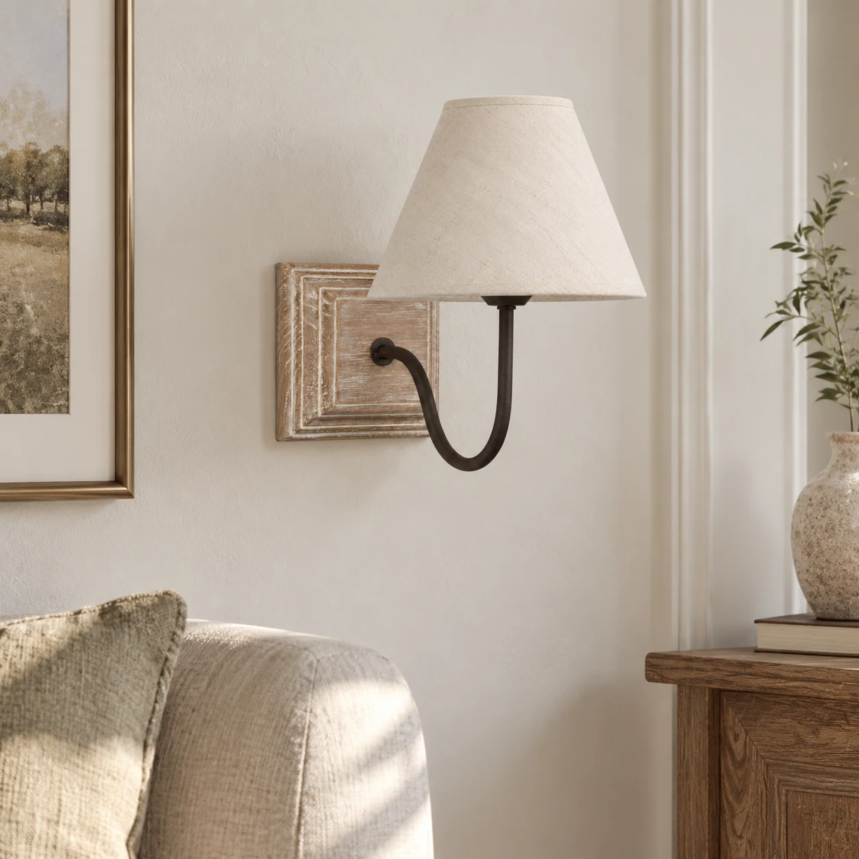 Natural wood wall sconce beside a neutral living room seating area