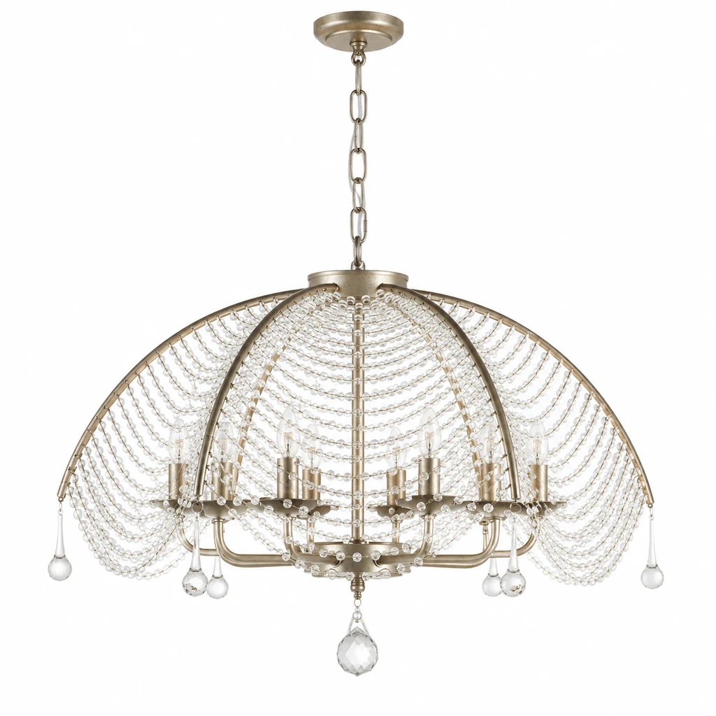 Aurelia vintage silver eight-head beaded dome chandelier on white