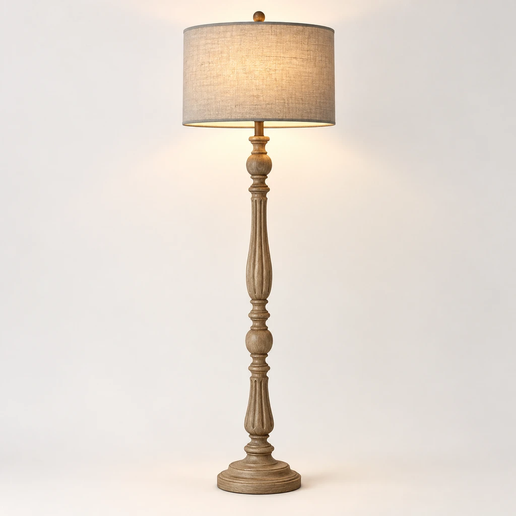Merritt carved wood floor lamp illuminated in a neutral studio