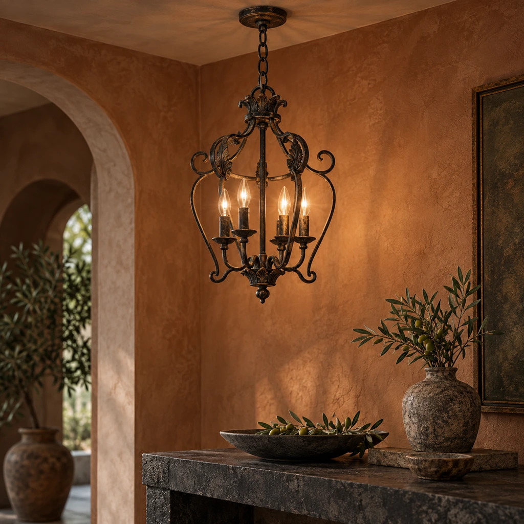 Harrow six-light scrollwork iron chandelier on a white background