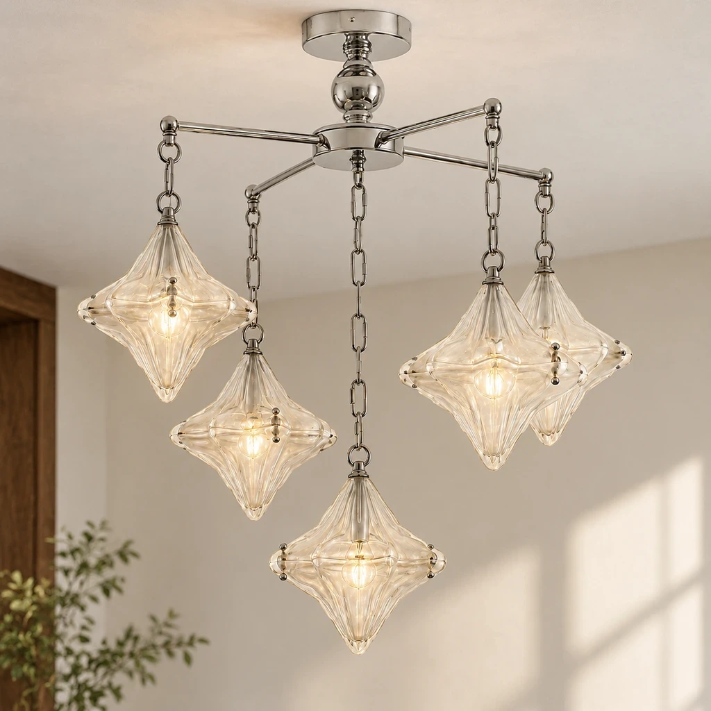 Lena Bauhaus Star Glass Alloy Chandelier installed in a bright interior