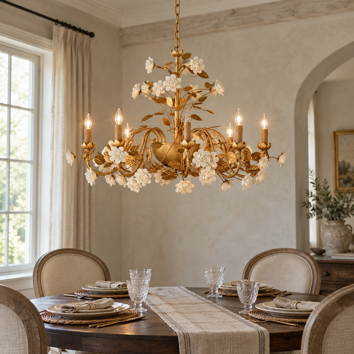 Elara floral ceramic chandelier above a round walnut dining table
