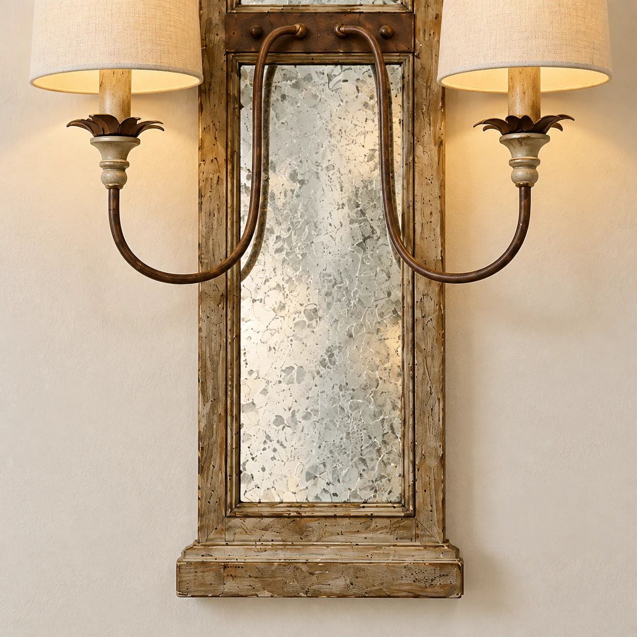 Lower half of the Marlow wall sconce with mirror panel and curved arms