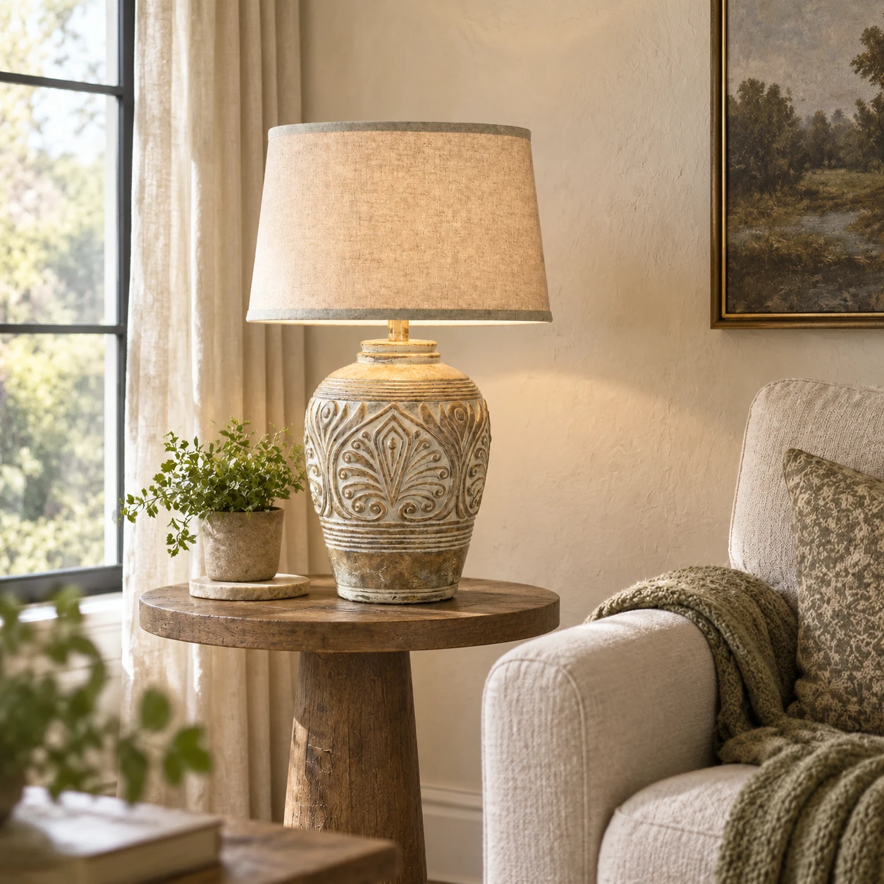 American Rustic Wood Table Lamp in a reading corner with a textured wall and quiet natural daylight