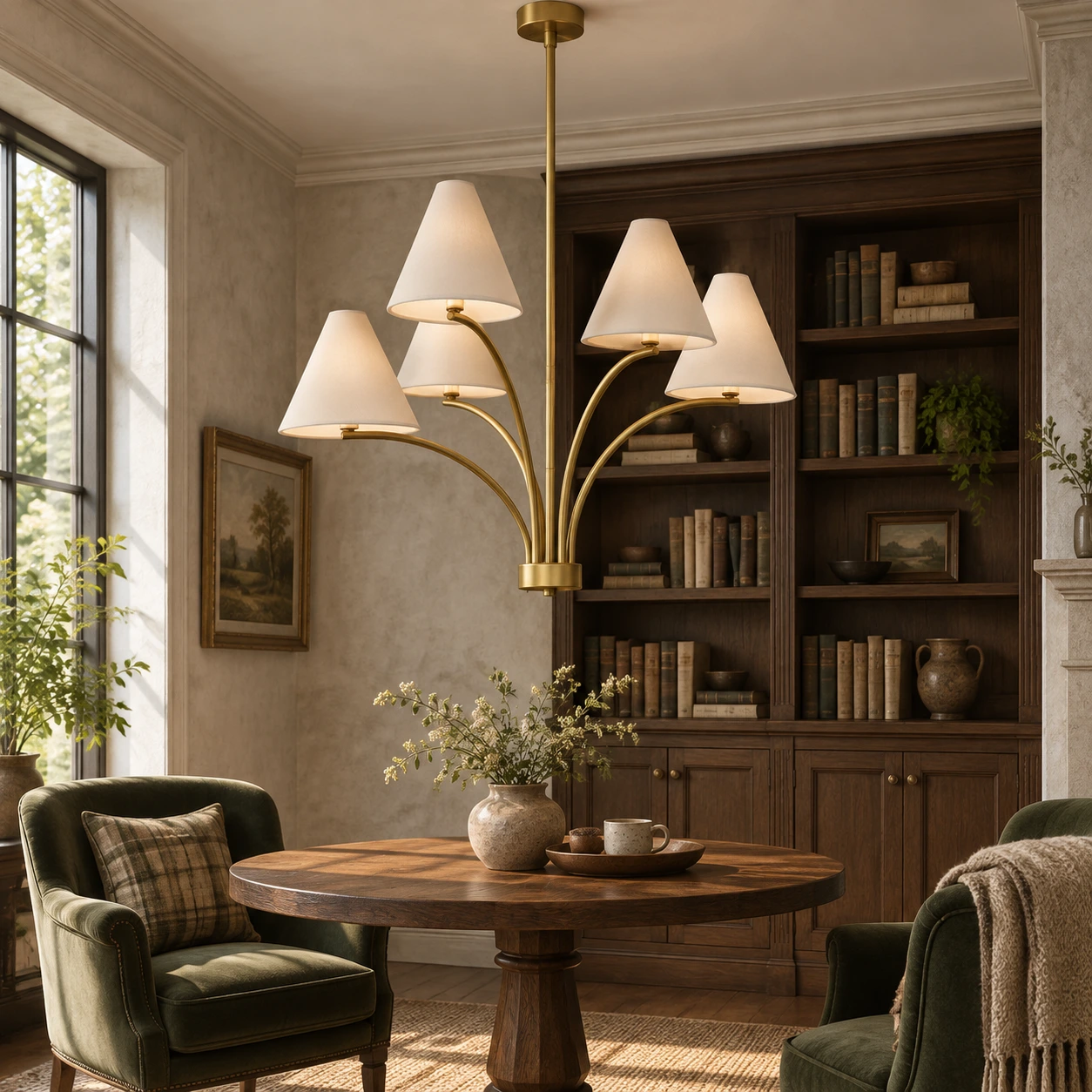 Warm brass fabric shade branch chandelier installed in a library nook