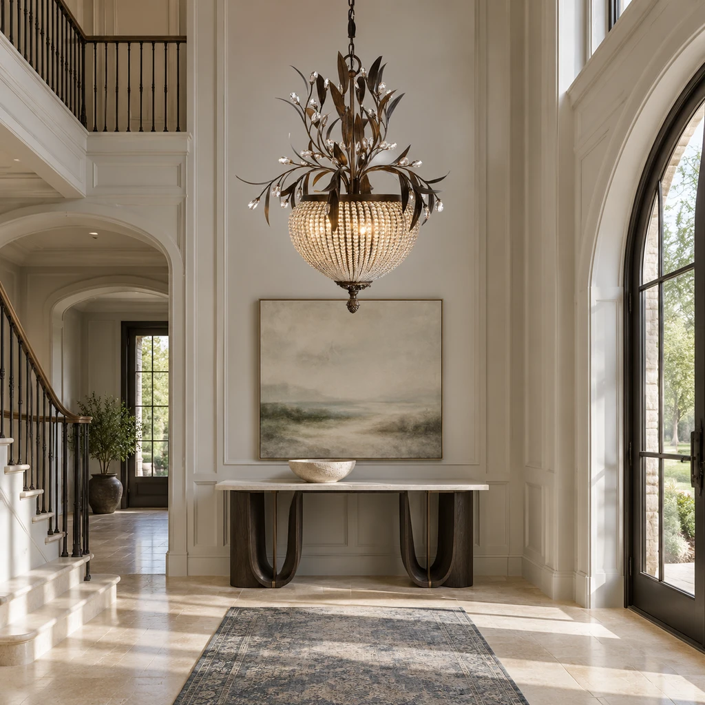 Celeste leaf and crystal chandelier in a bright double-height residential entry