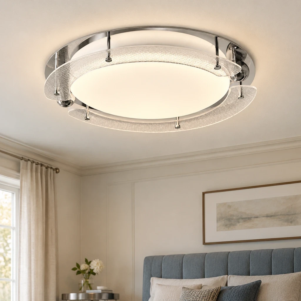 Iris Bauhaus Orbital Acrylic Alloy Flush Mount in a bedroom