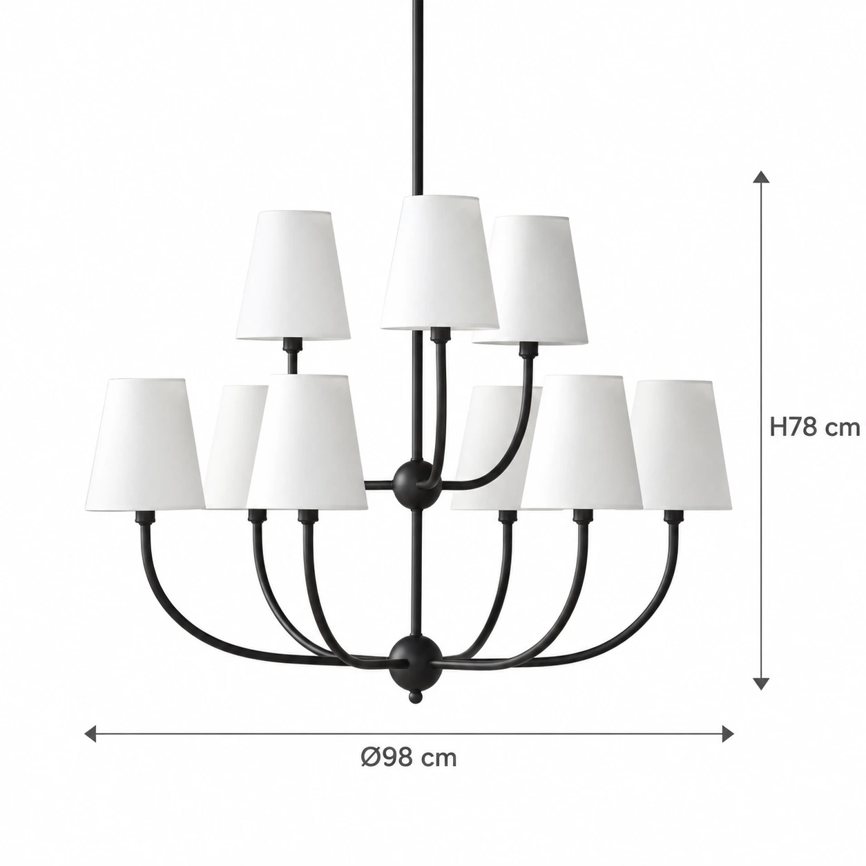 Black nine-light chandelier dimensions: 98 cm diameter and 78 cm fixture height