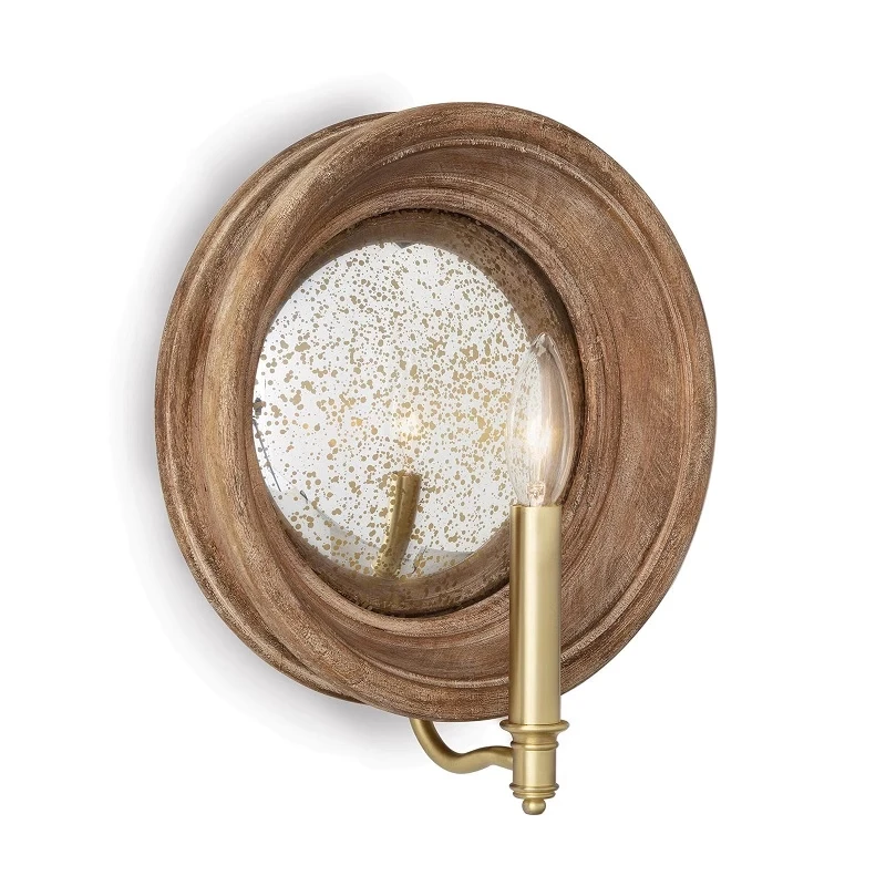 Vintage carved wood mirror wall sconce on a white background