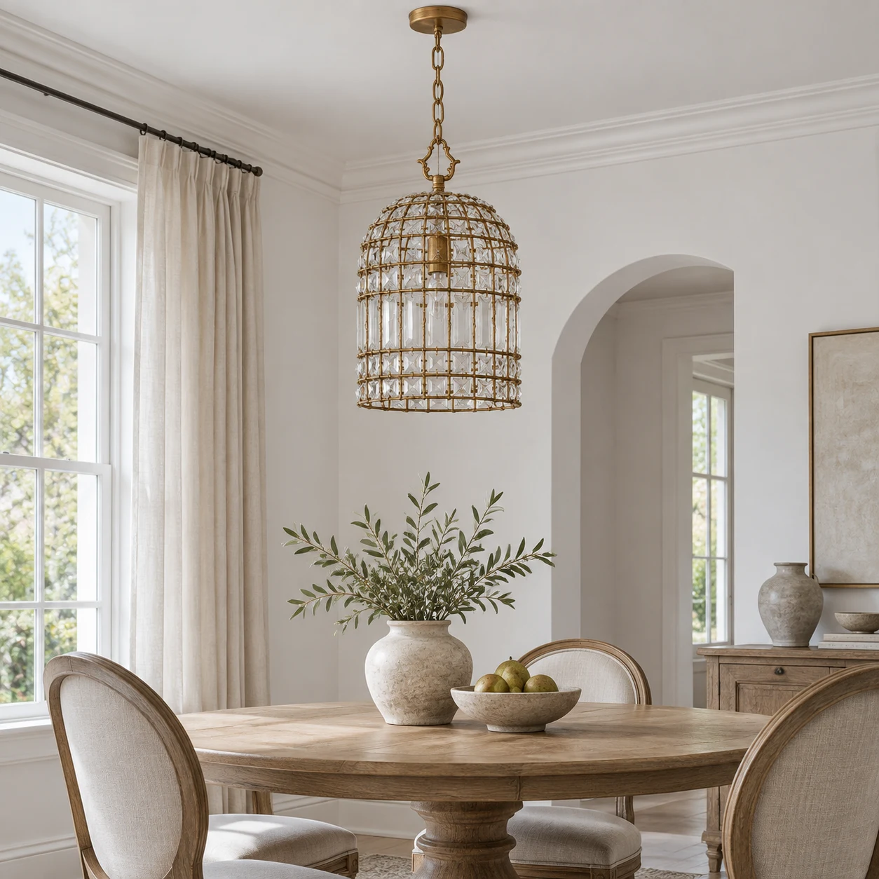 Clara vintage gold crystal cage chandelier in a neutral dining room