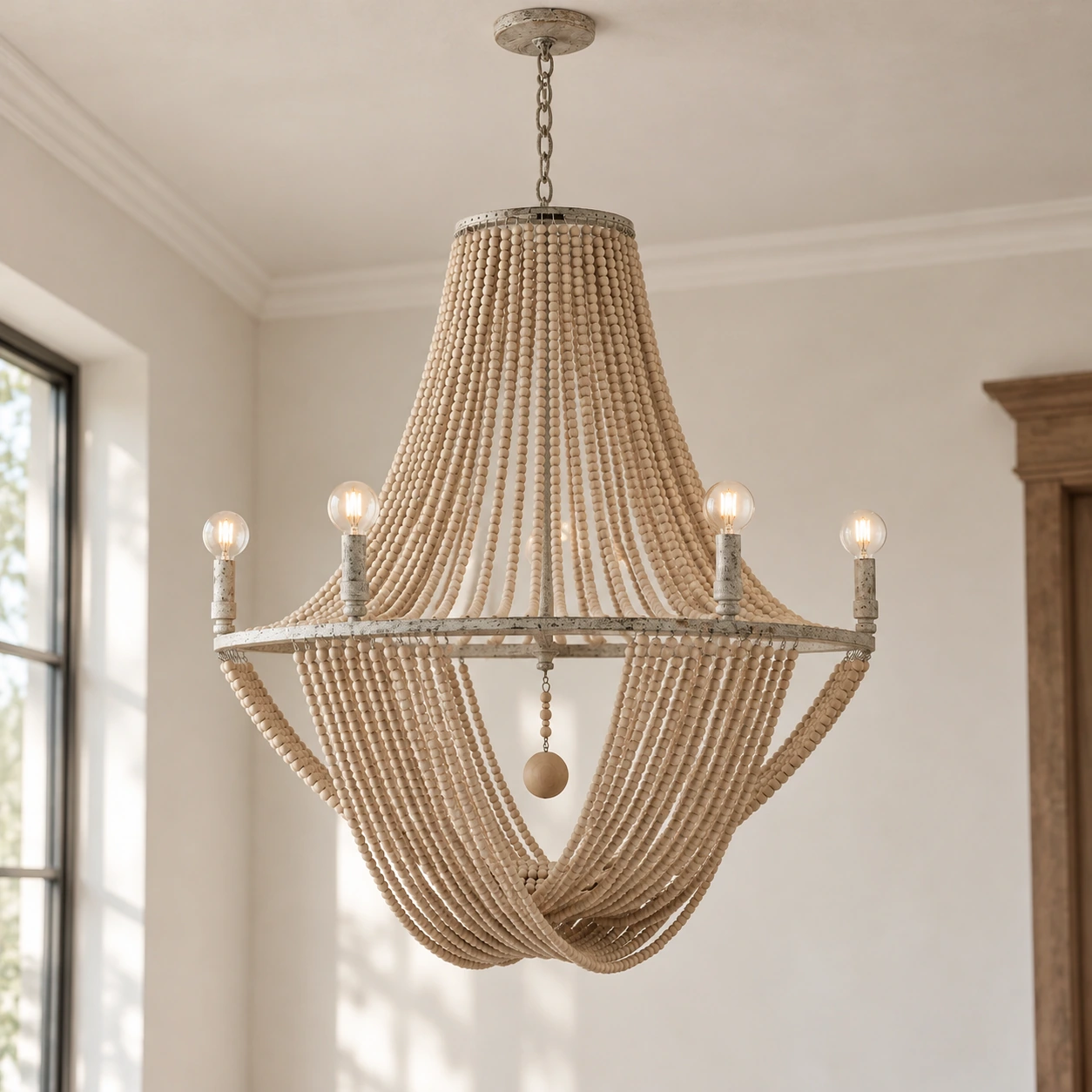 Elena Bohemian wood bead chandelier in a warm dining room