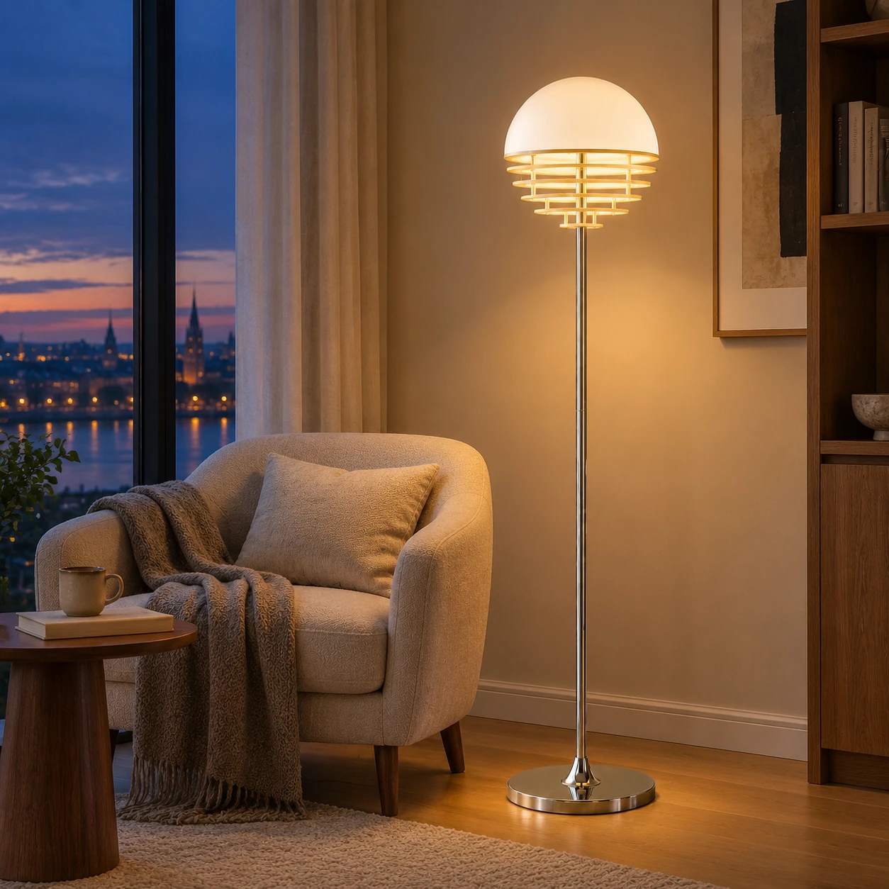 Calvero Size A floor light in a blue-hour reading corner
