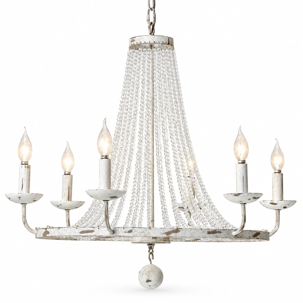 6-light French country crystal bead chandelier on white