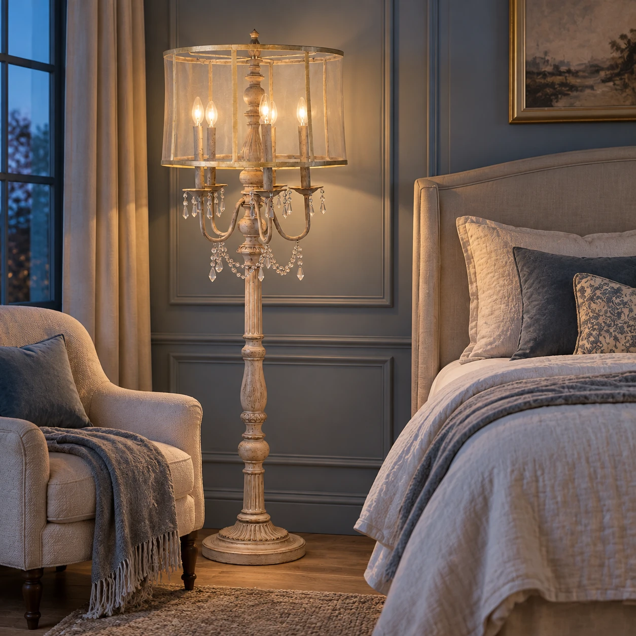 Five-light carved wood floor lamp beside a bedroom seating area