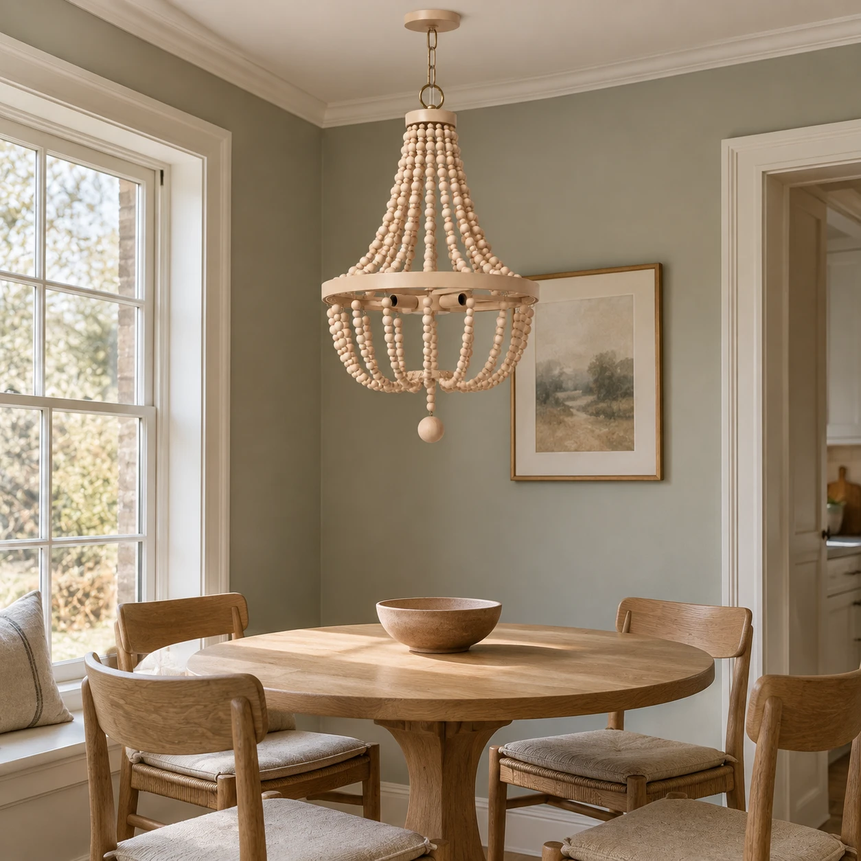 Small wood-bead chandelier over a breakfast nook