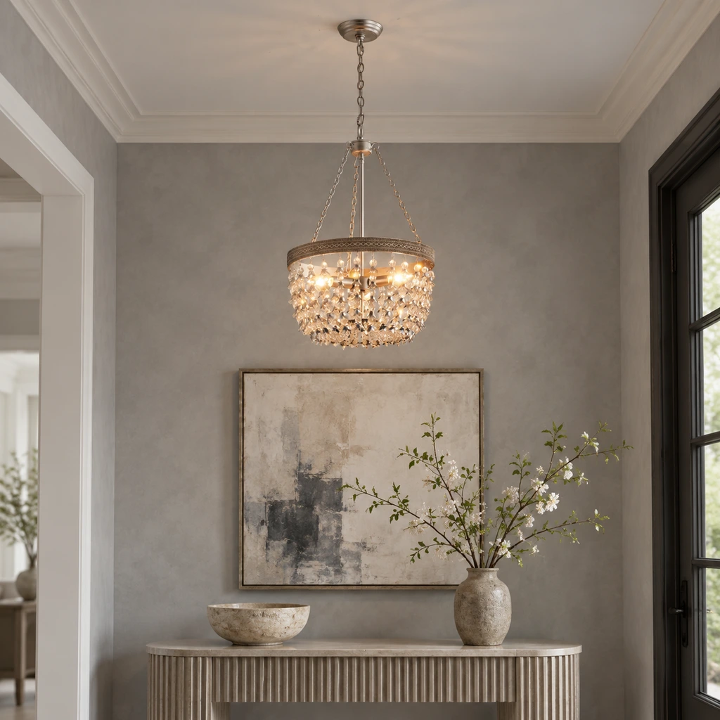 Silver crystal branch chandelier above an entry console