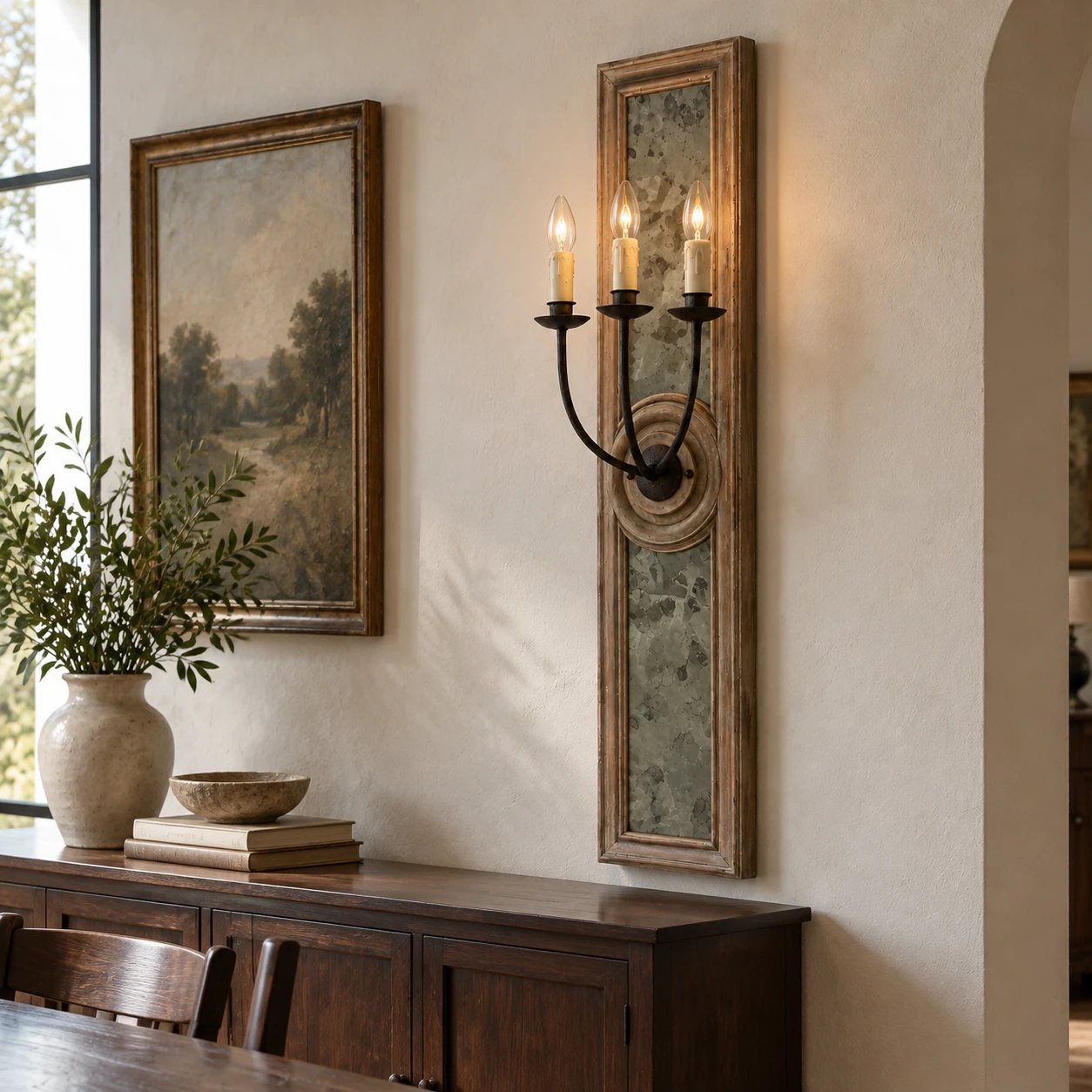 Maren carved wood wall sconce physically installed above a dining room sideboard