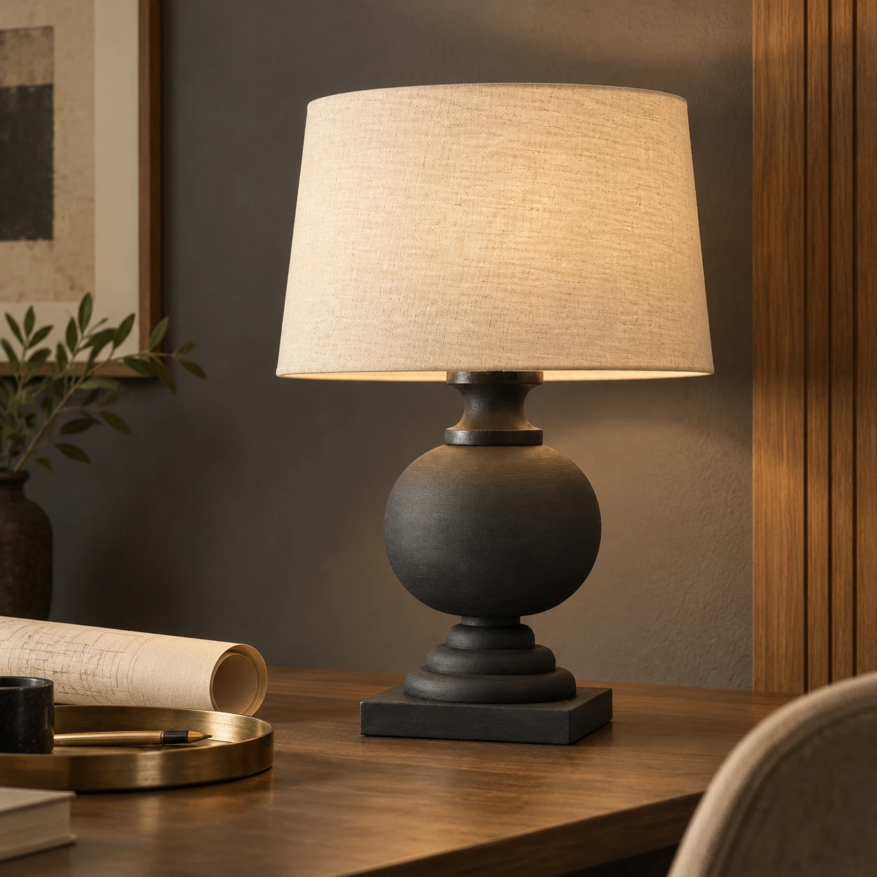 Mara Rustic Turned Wood Table Lamp — 05 scene black desk