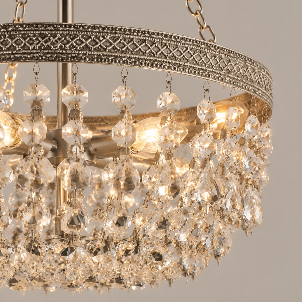 Clear faceted crystal drops on a silver branch chandelier