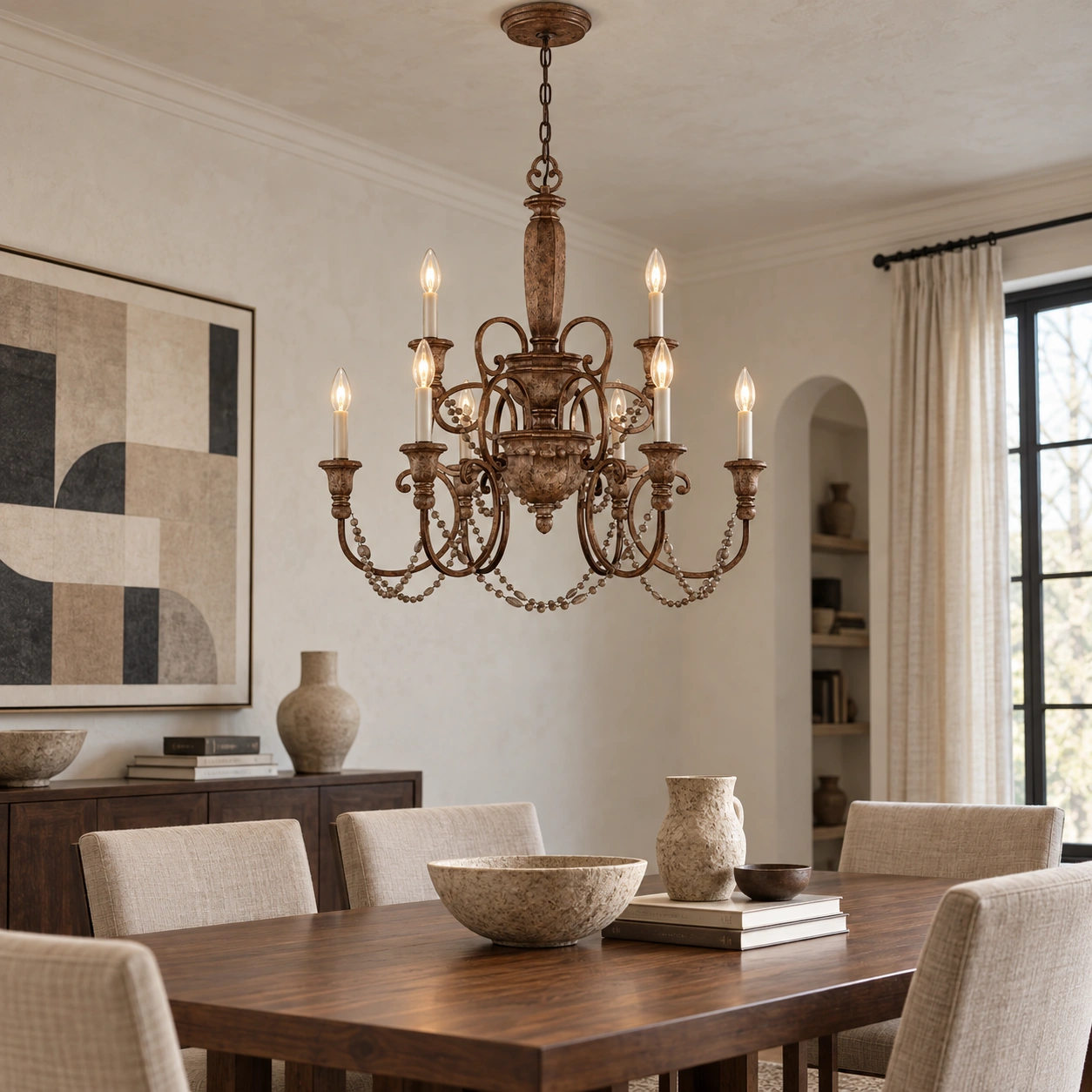 Aurelia vintage wood pendant light over a lived-in dining room