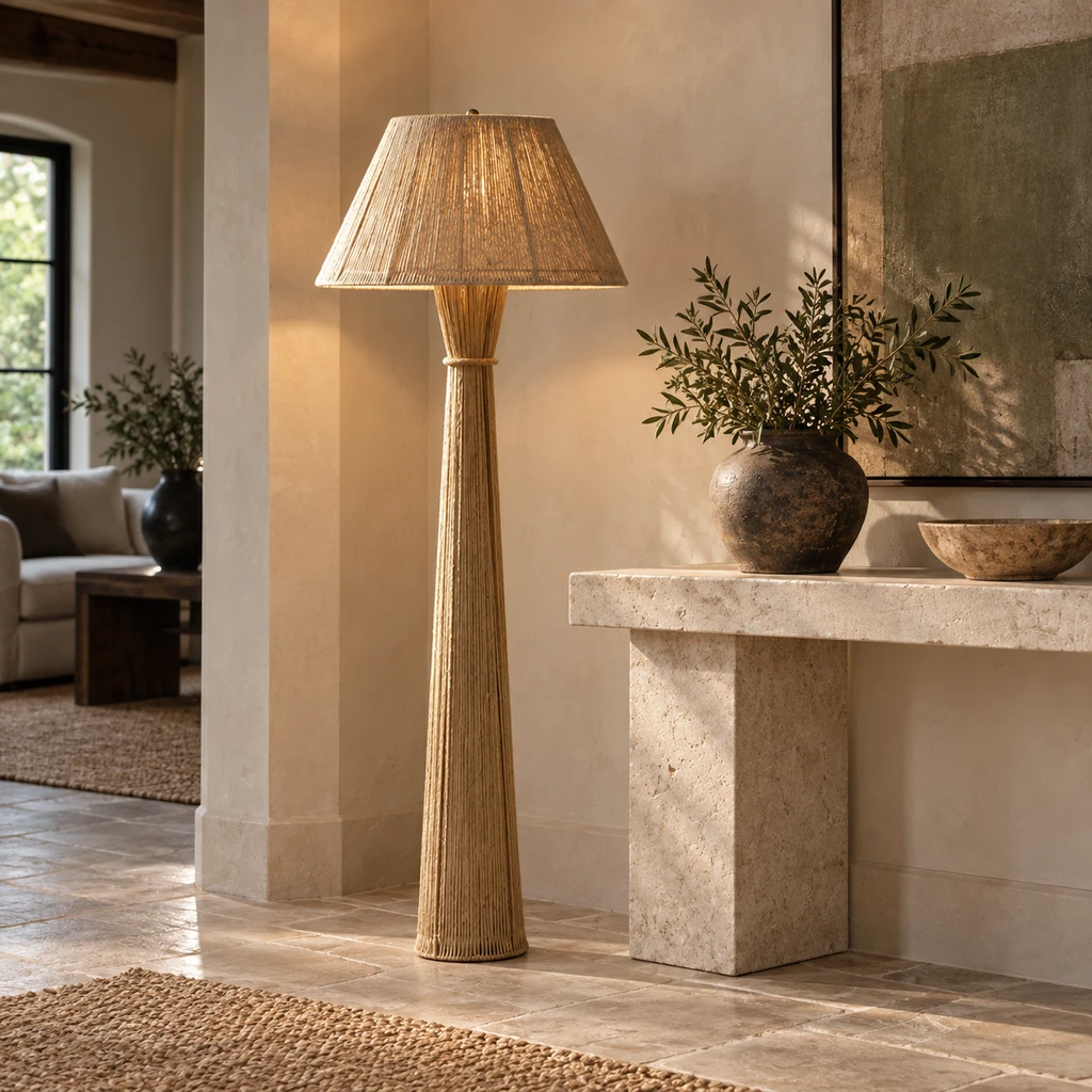 Dahlia woven floor lamp beside a French vintage console