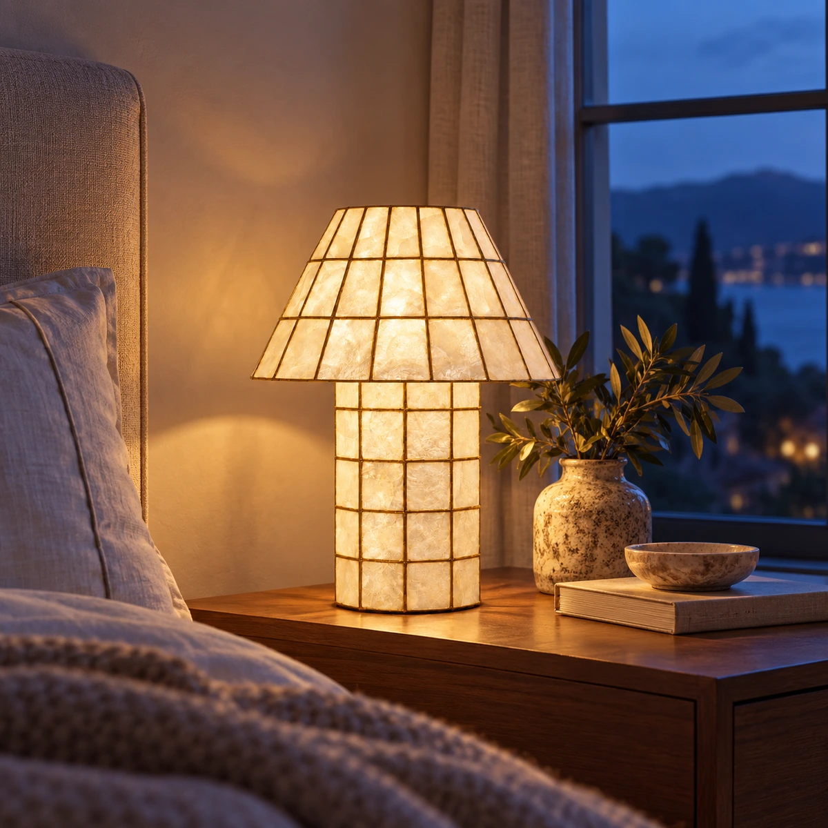 Capiz shell lamp glowing at blue hour
