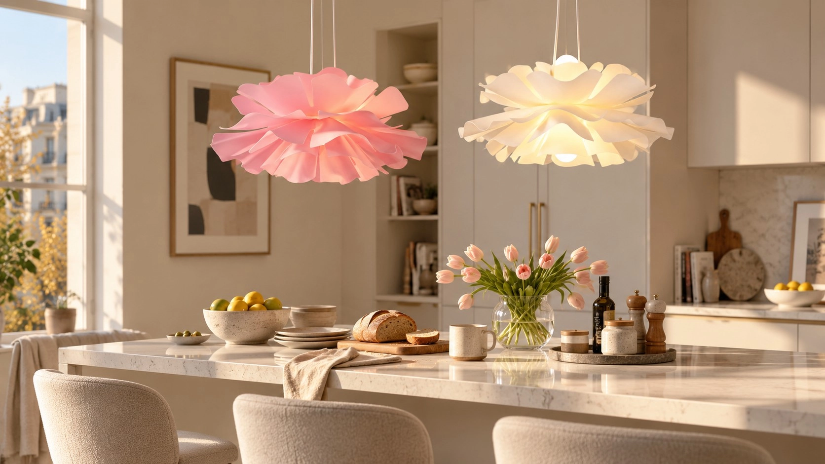White, sage green and pink lotus pendant lights above a warm modern kitchen island