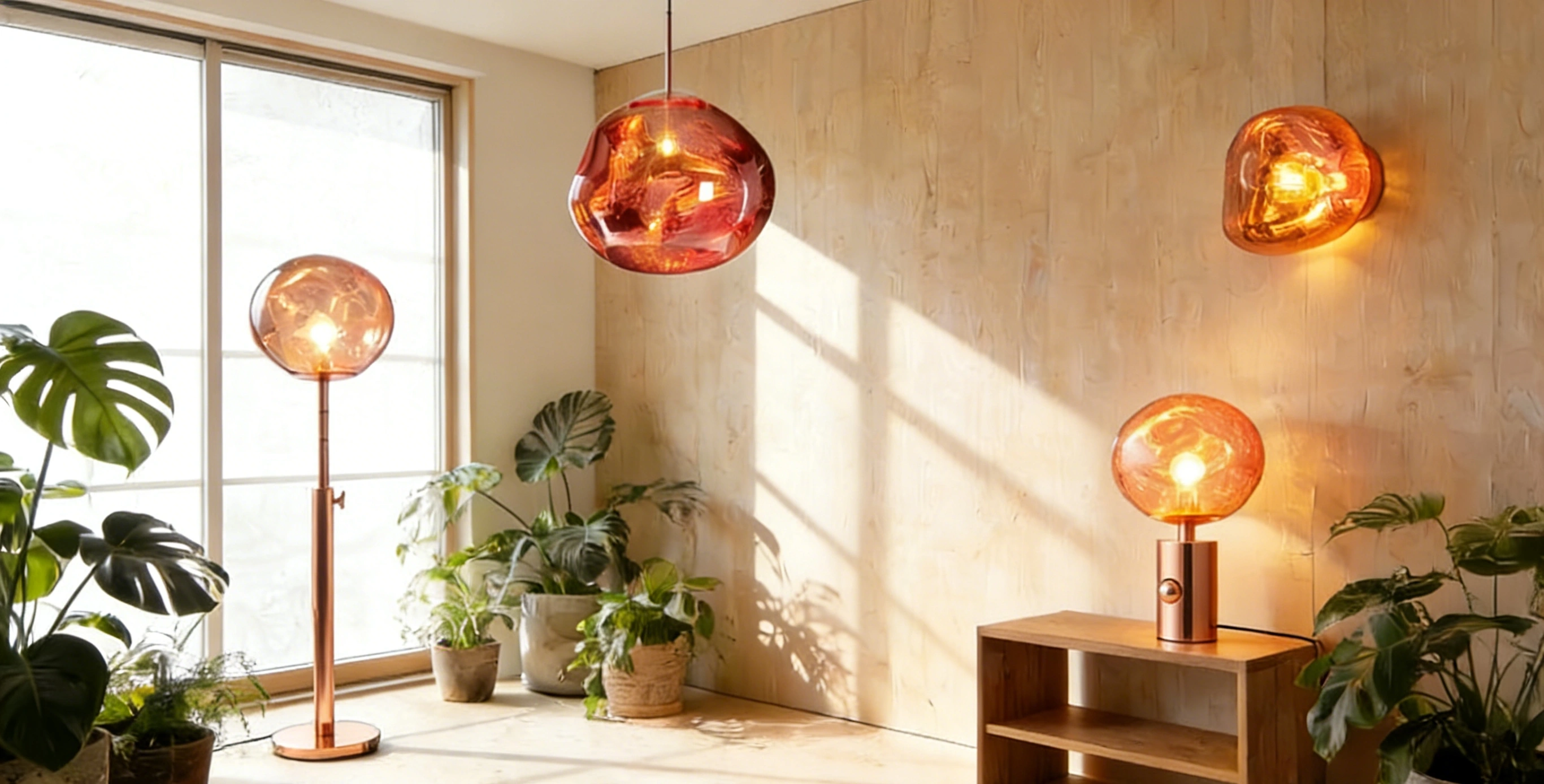Melt pendant lights combined in a coordinated interior installation