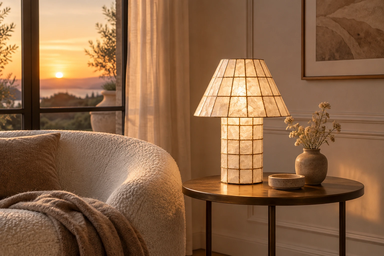 Capiz shell table lamp at sunset