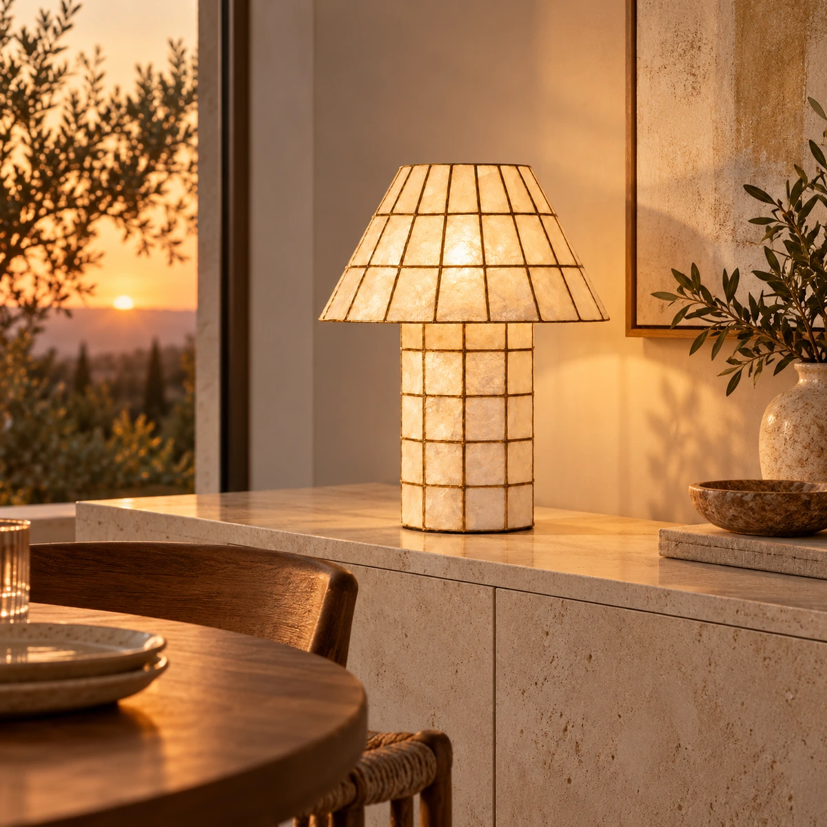 Capiz shell lamp on a dining sideboard