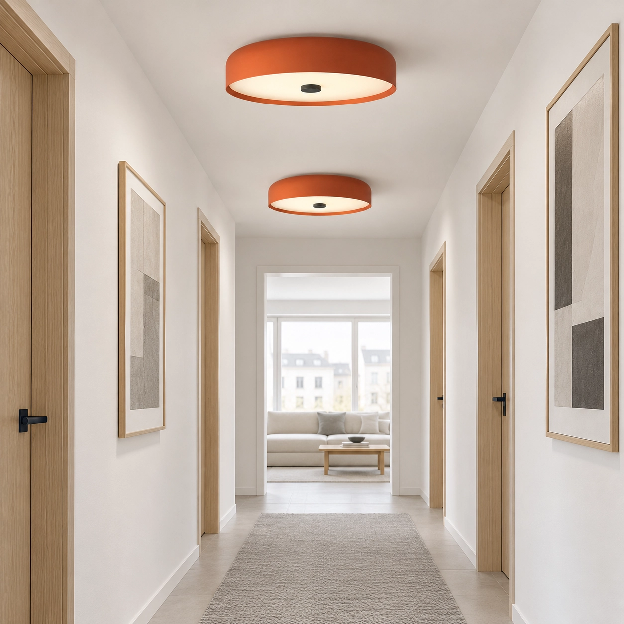 Two orange Seren ceiling lights in a neutral hallway
