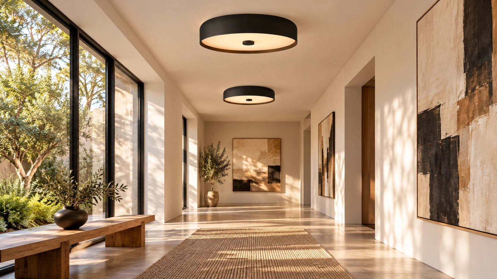 Two black Seren flush-mount lights in a gallery hallway