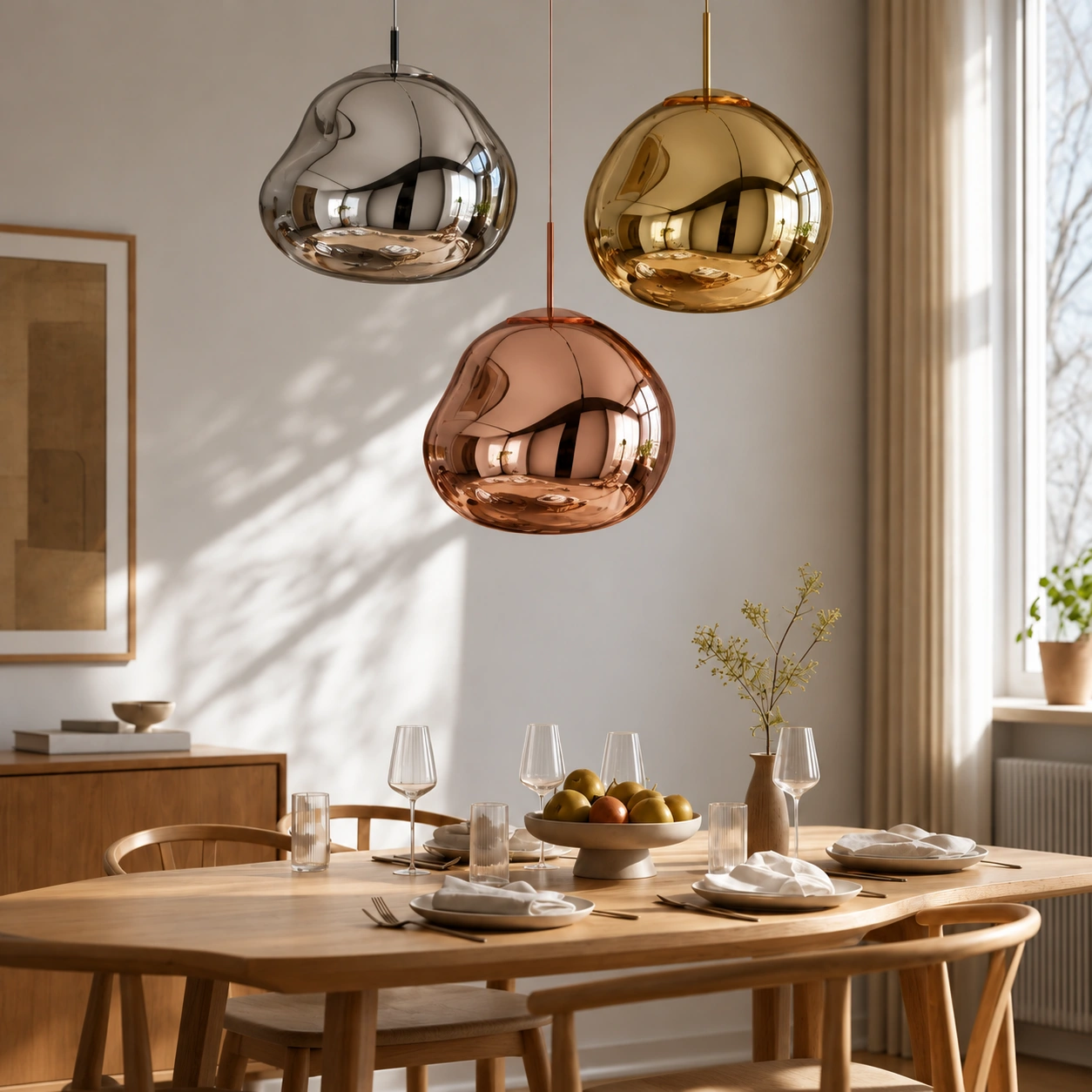 Same dining scene with the Melt pendants switched off in daylight