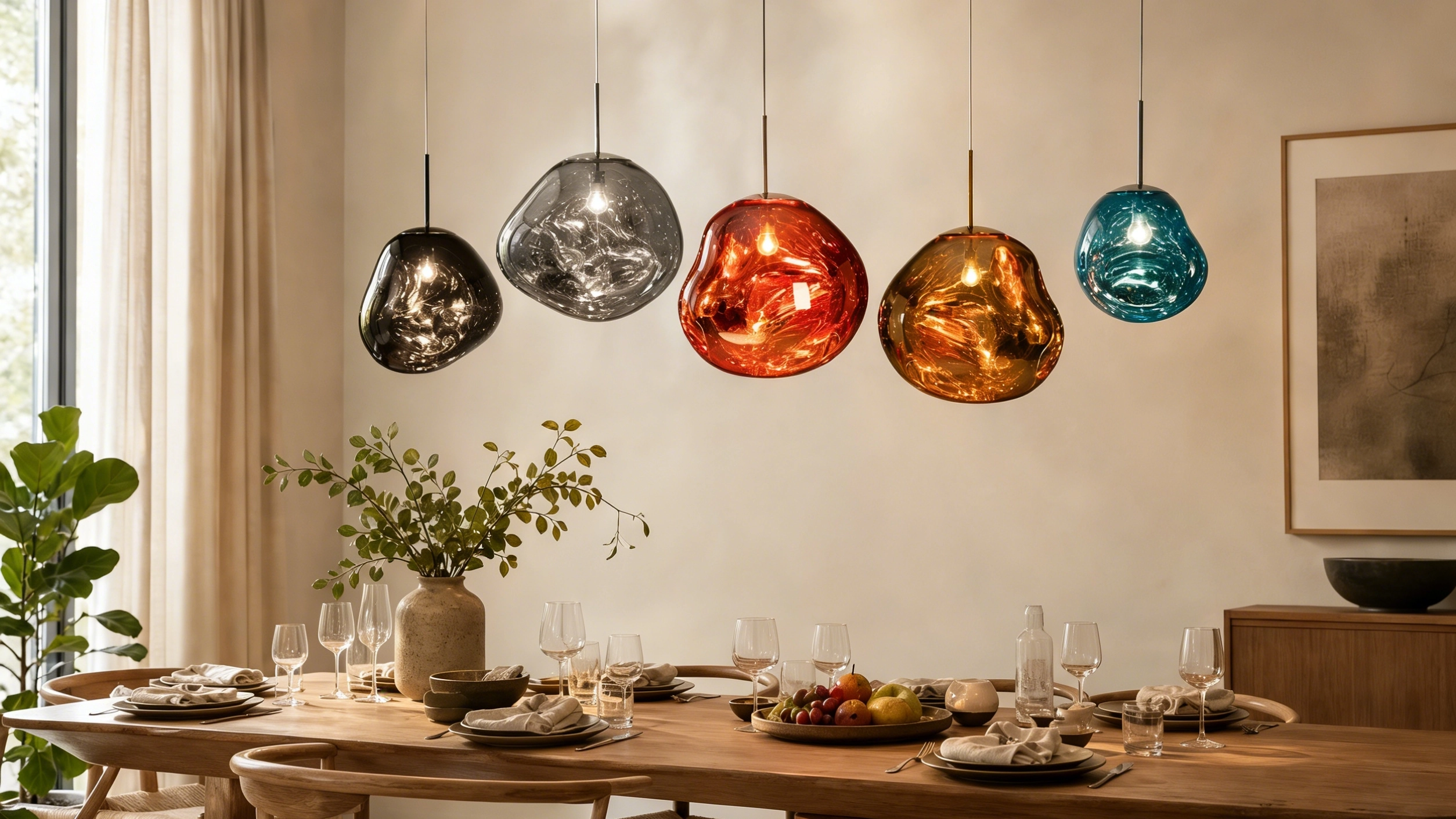 Dynamic Melt acrylic orb pendant lights arranged above a warm dining table