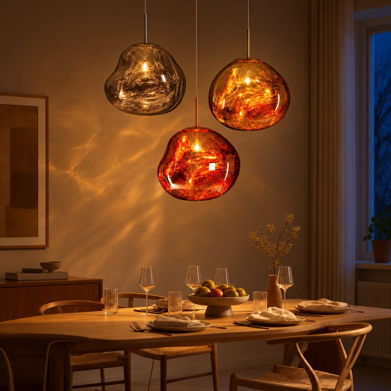 Same dining scene with the Melt pendants switched on at night