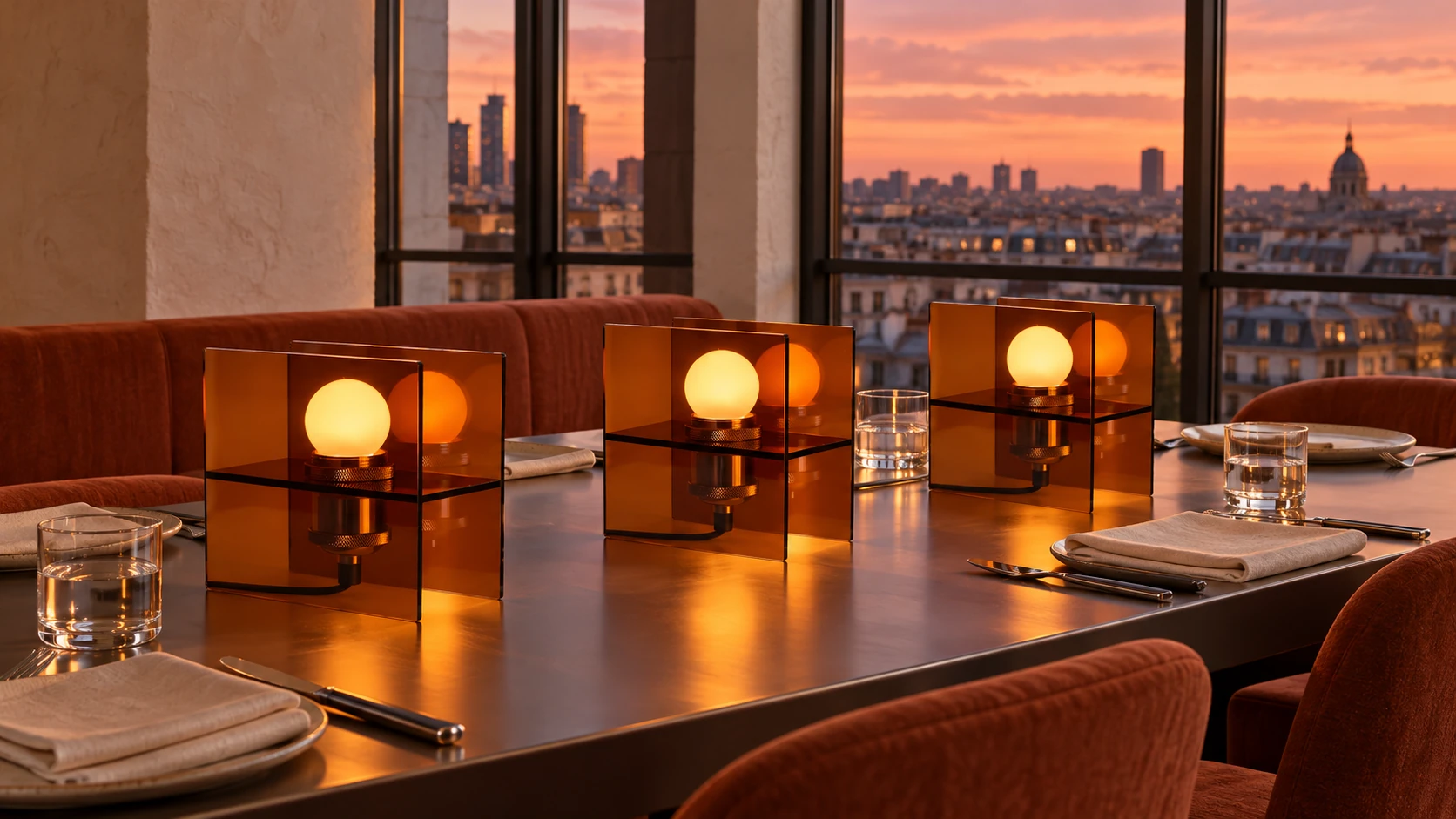 Three amber table lamps on a restaurant table at sunset