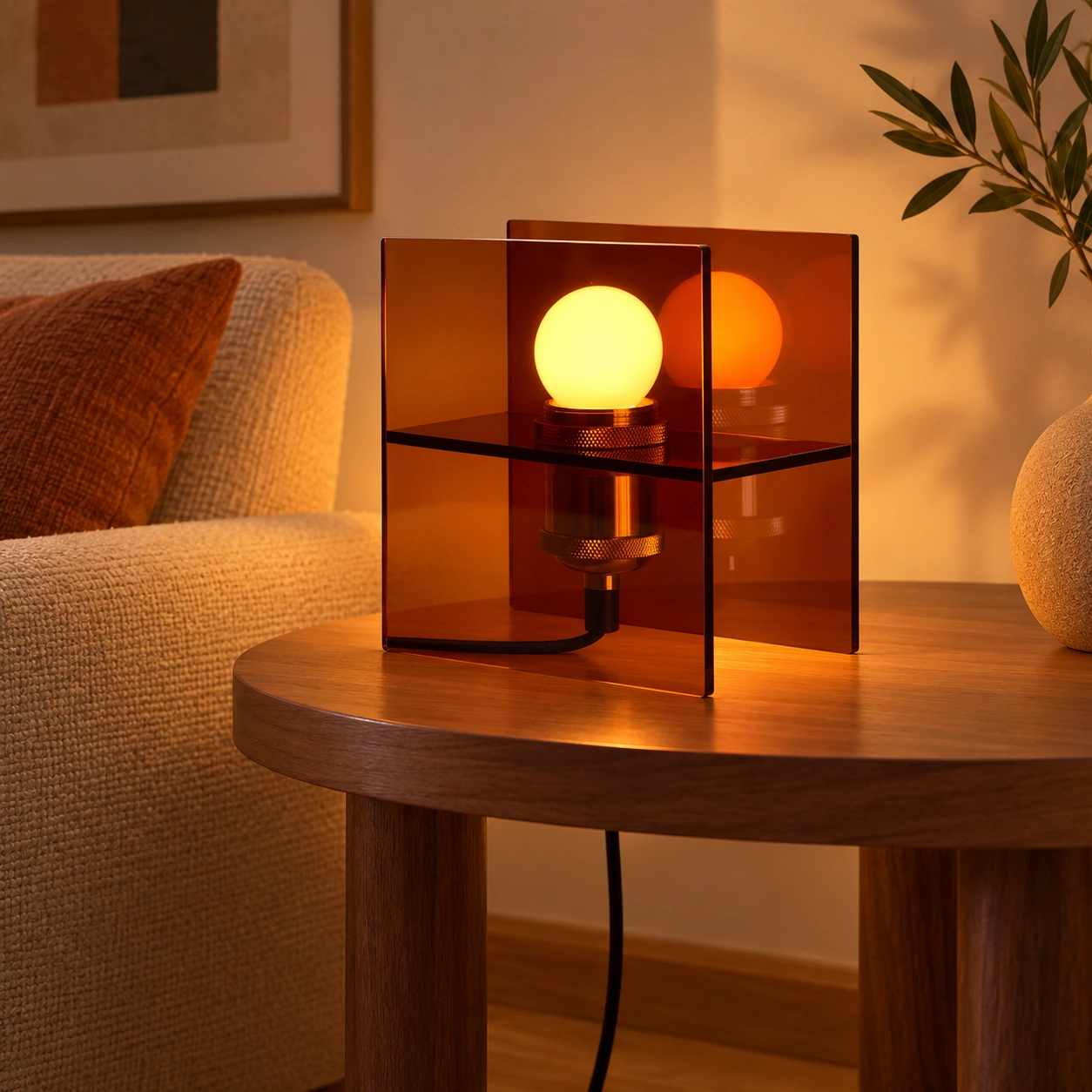 Amber table lamp with visible cord in a living room at sunset