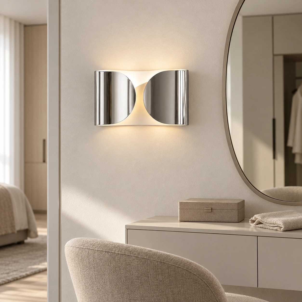 Foglio wall light beside a vanity mirror